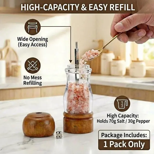 Alt view image 6 of 7 - 6.3 inch Wood Pepper Grinder, Acrylic Salt Mill with Ceramic Core