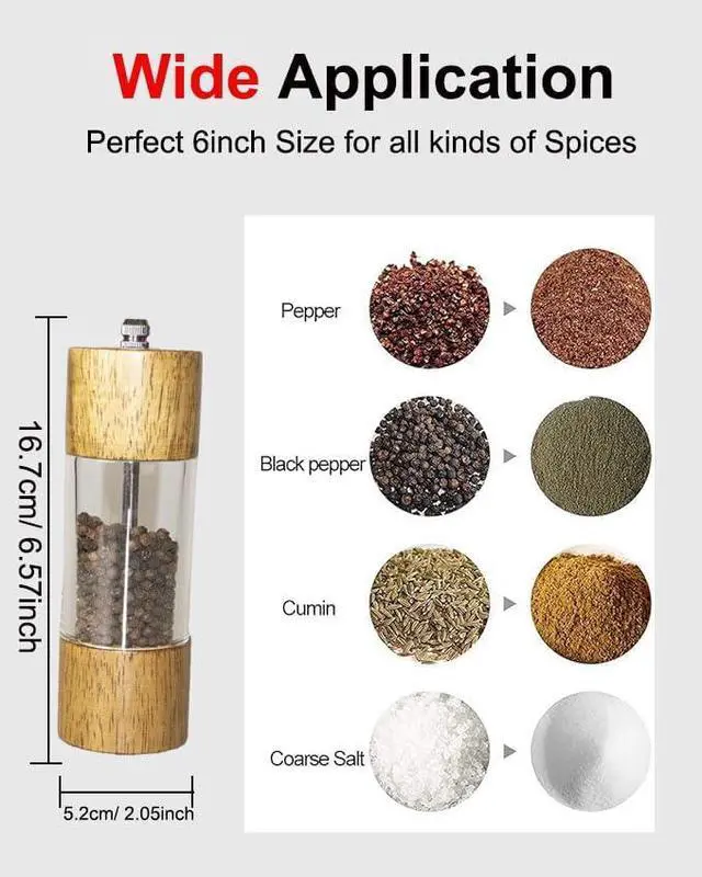 Alt view image 2 of 6 - Pepper Grinder Salt Grinder Wooden Pepper Mill Grinder w/Adjustable Coarse, 6 inch Wood Refillable Manual Pepper Grinder Mill Peppermill for Black Peppercorn, Easy Clean