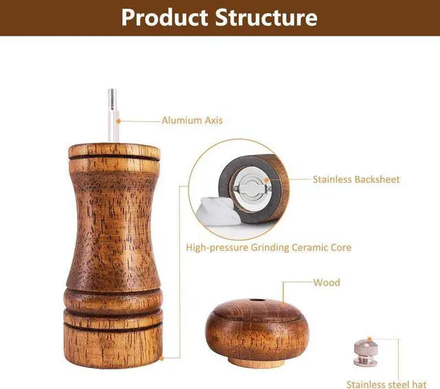 Alt view image 3 of 7 - Salt and Pepper Grinders Set,Ouktor Manual Wooden Salt and Pepper Mills Shakers, Ceramic Rotor with Strong Adjustable Coarseness (5.5inch)