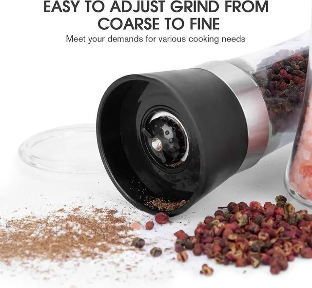 Alt view image 3 of 7 - Hotder Premium Pepper and Salt Grinder Set of 2-Refillable Coarseness Adjustable Pepper Mill Shaker with Glass Body for Home,Kitchen(Two Pack)