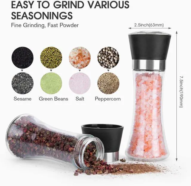 Alt view image 4 of 7 - Hotder Premium Pepper and Salt Grinder Set of 2-Refillable Coarseness Adjustable Pepper Mill Shaker with Glass Body for Home,Kitchen(Two Pack)