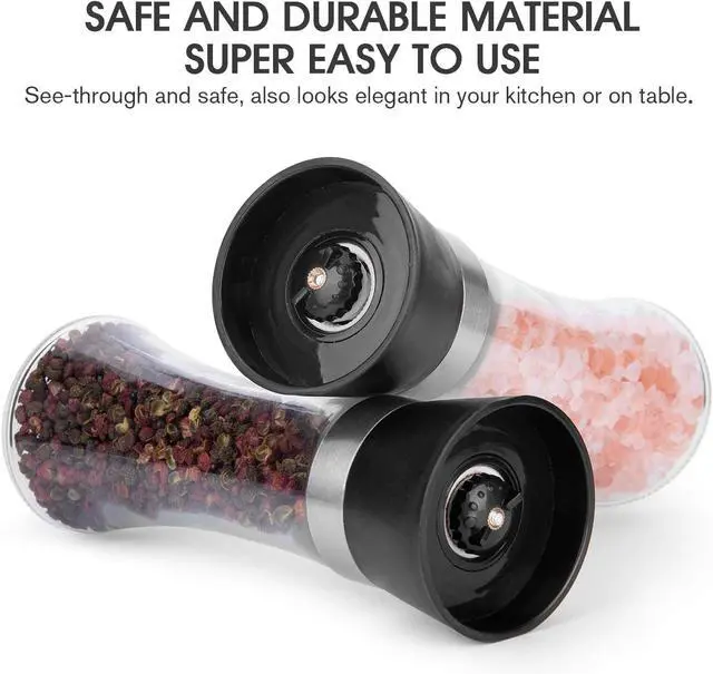 Alt view image 5 of 7 - Hotder Premium Pepper and Salt Grinder Set of 2-Refillable Coarseness Adjustable Pepper Mill Shaker with Glass Body for Home,Kitchen(Two Pack)