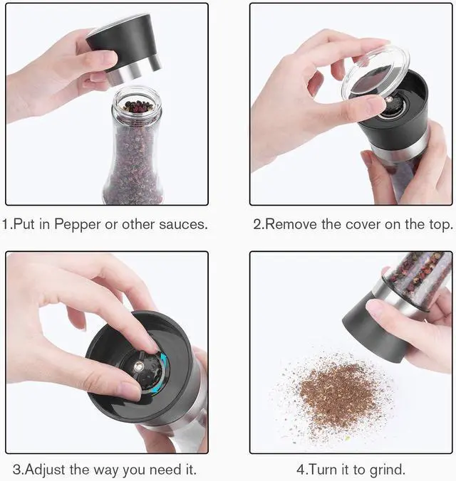 Alt view image 6 of 7 - Hotder Premium Pepper and Salt Grinder Set of 2-Refillable Coarseness Adjustable Pepper Mill Shaker with Glass Body for Home,Kitchen(Two Pack)