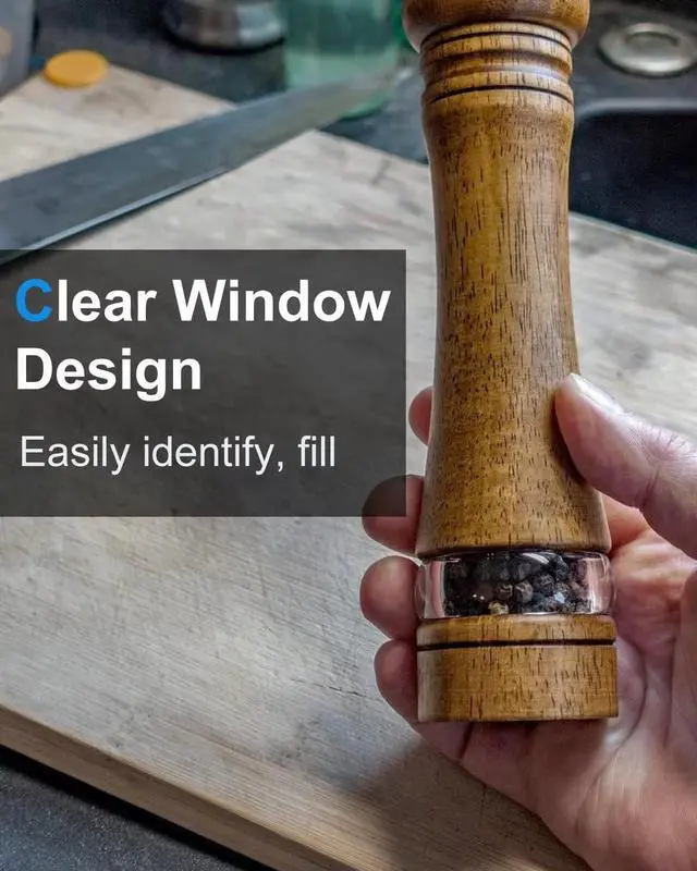 Alt view image 2 of 7 - Pepper Grinder Salt Grinder Wooden Pepper Mill Grinder w/Adjustable Coarse, 8 inch Tall Wood Refillable Manual Pepper Grinder Mill Peppermill for Black Peppercorn, Easy Clean w/Cleaning Brush