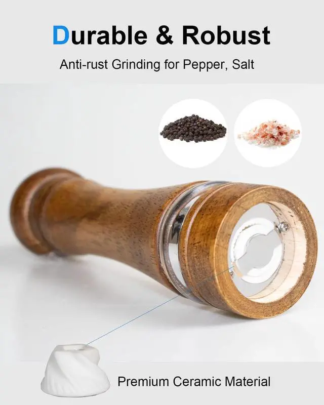 Alt view image 3 of 7 - Pepper Grinder Salt Grinder Wooden Pepper Mill Grinder w/Adjustable Coarse, 8 inch Tall Wood Refillable Manual Pepper Grinder Mill Peppermill for Black Peppercorn, Easy Clean w/Cleaning Brush