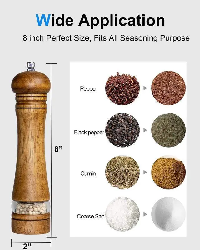 Alt view image 5 of 7 - Pepper Grinder Salt Grinder Wooden Pepper Mill Grinder w/Adjustable Coarse, 8 inch Tall Wood Refillable Manual Pepper Grinder Mill Peppermill for Black Peppercorn, Easy Clean w/Cleaning Brush