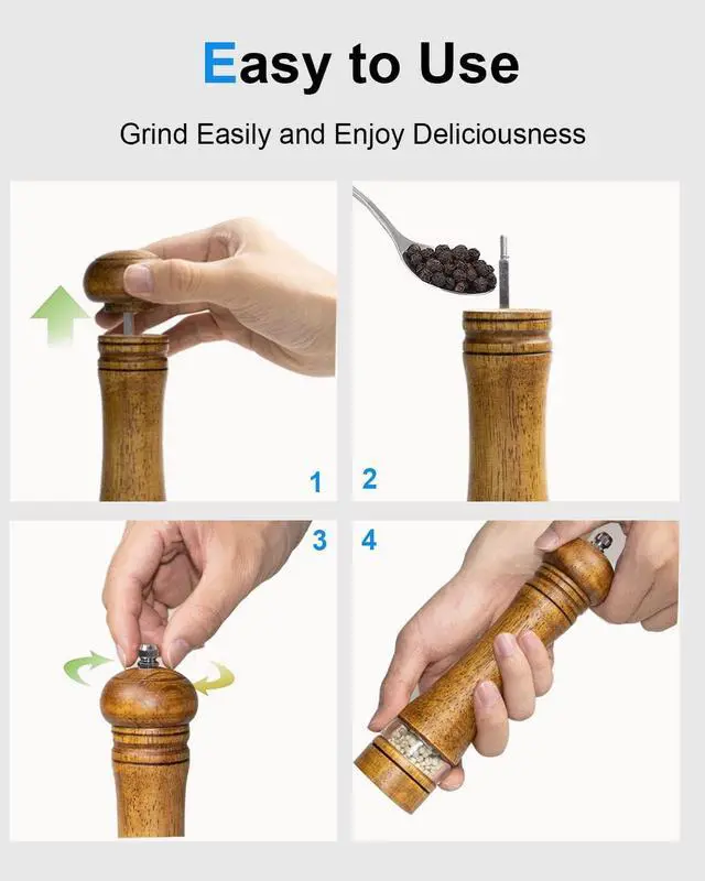 Alt view image 6 of 7 - Pepper Grinder Salt Grinder Wooden Pepper Mill Grinder w/Adjustable Coarse, 8 inch Tall Wood Refillable Manual Pepper Grinder Mill Peppermill for Black Peppercorn, Easy Clean w/Cleaning Brush