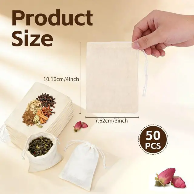Alt view image 6 of 7 - 50 Pcs Tea Bags for Loose Leaf Tea, Reusable Tea Bags, Natural Unbleached Cotton Drawstring Sachet Bags, Empty Tea Bags for Spice, Herbs, Sachet & Filter Bags (3 x 4 Inches)