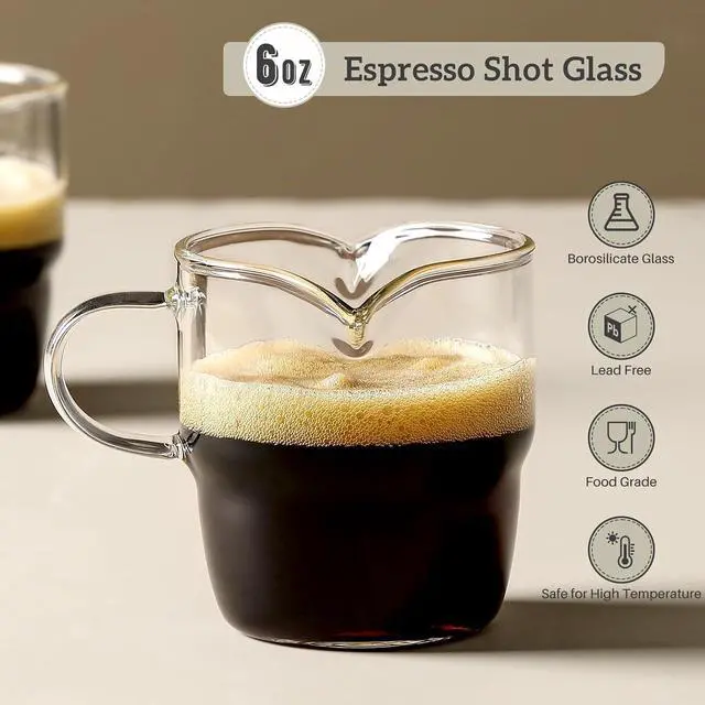 Alt view image 2 of 7 - NETANY 6 OZ Espresso Cups Set of 2, Double Spouts Stackable Cups, Espresso Shots Glass Mugs with Handle, Machine Accessories for Coffee Bar, Cute Clear Glasses for Gift