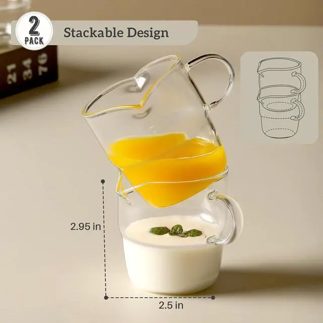 Alt view image 3 of 7 - NETANY 6 OZ Espresso Cups Set of 2, Double Spouts Stackable Cups, Espresso Shots Glass Mugs with Handle, Machine Accessories for Coffee Bar, Cute Clear Glasses for Gift