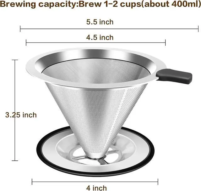 Alt view image 2 of 7 - Pour Over Coffee Dripper, Stainless Steel Coffee Filter, Paperless Reusable Coffee Filter, Double Micromesh 600 Mesh Strainer Coffee Maker with Heat-Resistant Silicone Handle & Base (1-2 Cups)