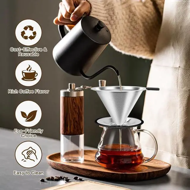 Alt view image 3 of 7 - Pour Over Coffee Dripper, Stainless Steel Coffee Filter, Paperless Reusable Coffee Filter, Double Micromesh 600 Mesh Strainer Coffee Maker with Heat-Resistant Silicone Handle & Base (1-2 Cups)