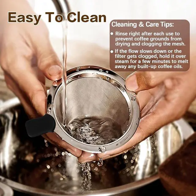 Alt view image 4 of 7 - Pour Over Coffee Dripper, Stainless Steel Coffee Filter, Paperless Reusable Coffee Filter, Double Micromesh 600 Mesh Strainer Coffee Maker with Heat-Resistant Silicone Handle & Base (1-2 Cups)