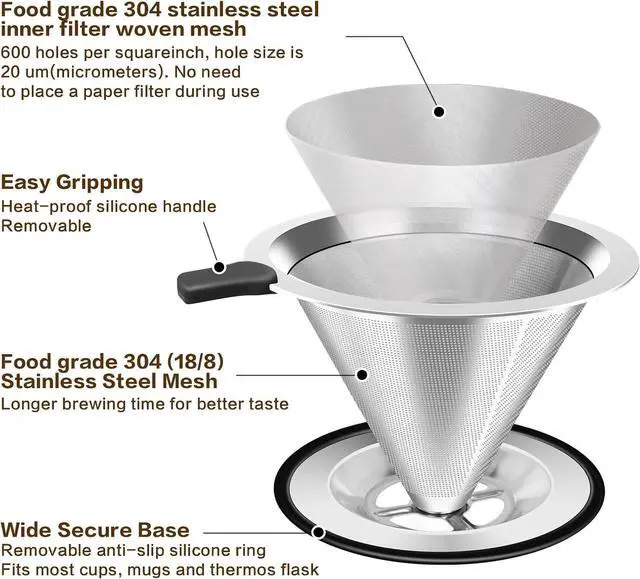 Alt view image 5 of 7 - Pour Over Coffee Dripper, Stainless Steel Coffee Filter, Paperless Reusable Coffee Filter, Double Micromesh 600 Mesh Strainer Coffee Maker with Heat-Resistant Silicone Handle & Base (1-2 Cups)
