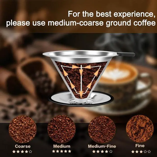 Alt view image 6 of 7 - Pour Over Coffee Dripper, Stainless Steel Coffee Filter, Paperless Reusable Coffee Filter, Double Micromesh 600 Mesh Strainer Coffee Maker with Heat-Resistant Silicone Handle & Base (1-2 Cups)