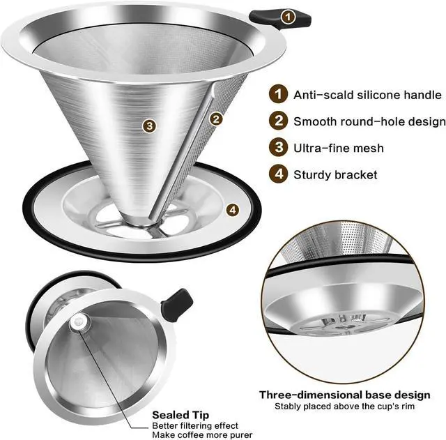 Alt view image 7 of 7 - Pour Over Coffee Dripper, Stainless Steel Coffee Filter, Paperless Reusable Coffee Filter, Double Micromesh 600 Mesh Strainer Coffee Maker with Heat-Resistant Silicone Handle & Base (1-2 Cups)