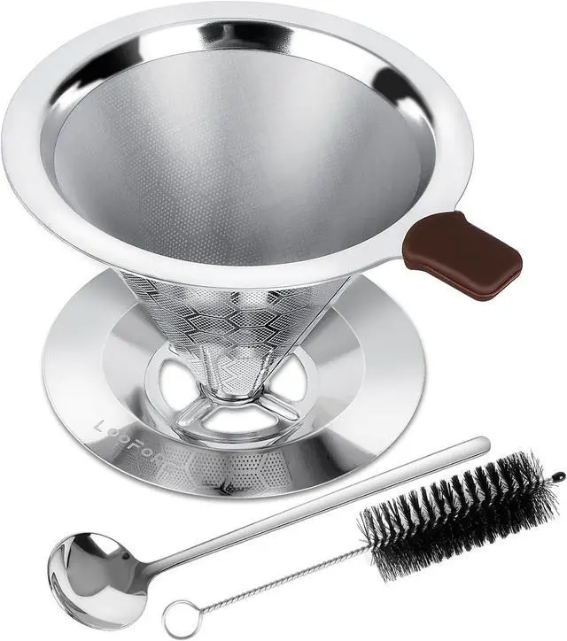 Main image of Pour Over Coffee Dripper, Double Mesh with Spoon and Cleaning Brush