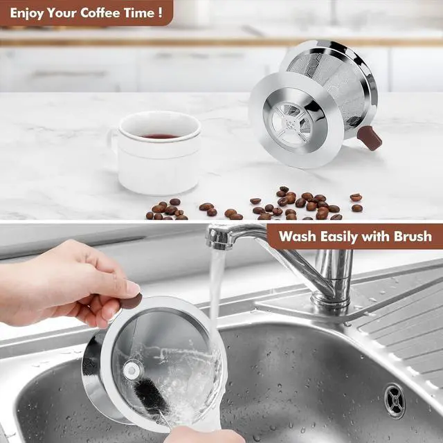 Alt view image 5 of 7 - Pour Over Coffee Dripper, Double Mesh with Spoon and Cleaning Brush