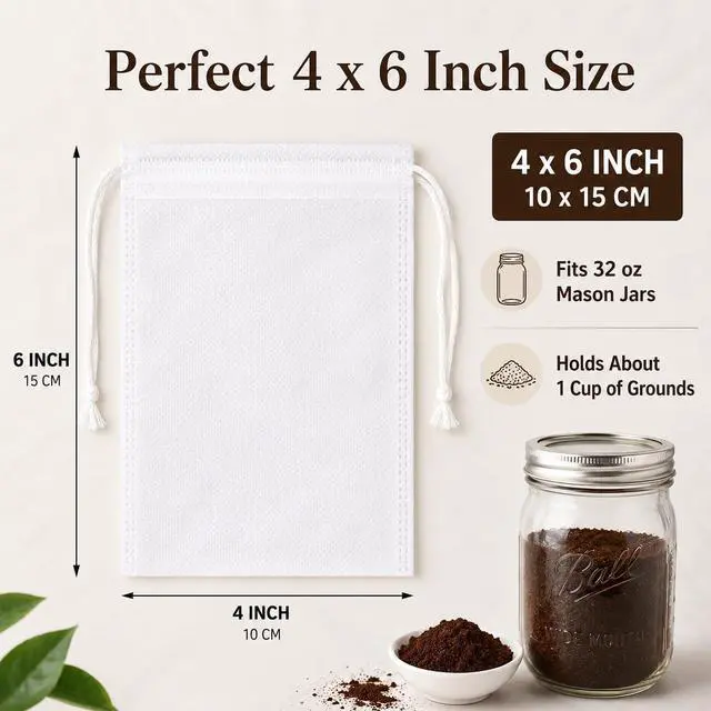 Alt view image 2 of 7 - 200 PCS Disposable Cold Brew Coffee Filter Bags 4x6 Inch with Drawstring Fine Mesh Large Tea Bags for Cold Brew Coffee,Loose Leaf Tea, Herbs, Spices, and Home Brewing No Mess,Eco-Friendly