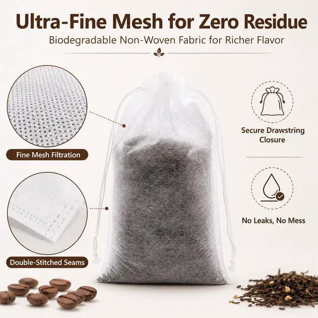 Alt view image 4 of 7 - 200 PCS Disposable Cold Brew Coffee Filter Bags 4x6 Inch with Drawstring Fine Mesh Large Tea Bags for Cold Brew Coffee,Loose Leaf Tea, Herbs, Spices, and Home Brewing No Mess,Eco-Friendly