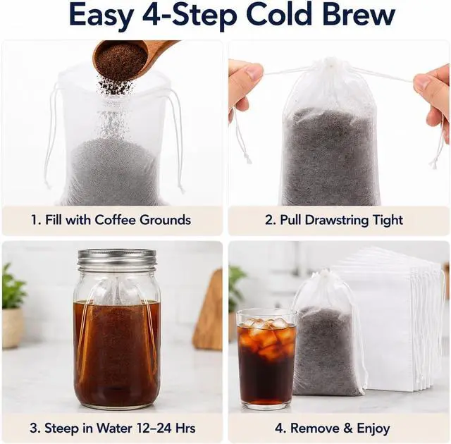 Alt view image 5 of 7 - 200 PCS Disposable Cold Brew Coffee Filter Bags 4x6 Inch with Drawstring Fine Mesh Large Tea Bags for Cold Brew Coffee,Loose Leaf Tea, Herbs, Spices, and Home Brewing No Mess,Eco-Friendly