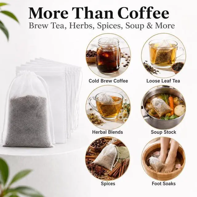 Alt view image 6 of 7 - 200 PCS Disposable Cold Brew Coffee Filter Bags 4x6 Inch with Drawstring Fine Mesh Large Tea Bags for Cold Brew Coffee,Loose Leaf Tea, Herbs, Spices, and Home Brewing No Mess,Eco-Friendly