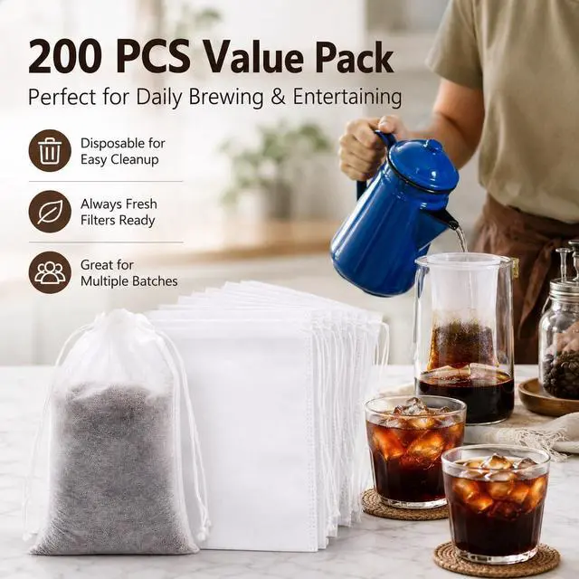Alt view image 7 of 7 - 200 PCS Disposable Cold Brew Coffee Filter Bags 4x6 Inch with Drawstring Fine Mesh Large Tea Bags for Cold Brew Coffee,Loose Leaf Tea, Herbs, Spices, and Home Brewing No Mess,Eco-Friendly