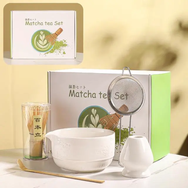 Main image of Matcha Tea Set, 5-Piece Ceramic Matcha Bowl & Whisk Kit with Cute Cat Pattern, Traditional Japanese Chawan, Scoop & Sifter, Perfect for Tea Ceremony, Gift for & Tea Lovers (white)