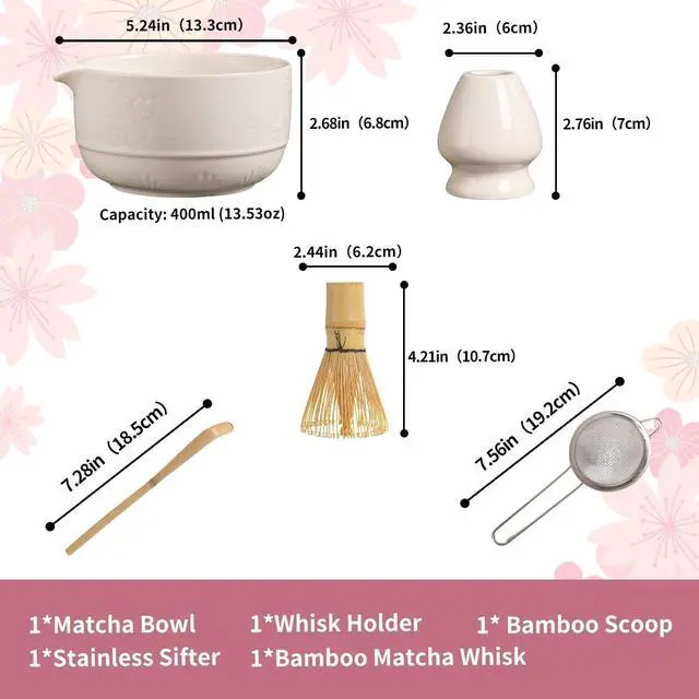 Alt view image 2 of 7 - Matcha Tea Set, 5-Piece Ceramic Matcha Bowl & Whisk Kit with Cute Cat Pattern, Traditional Japanese Chawan, Scoop & Sifter, Perfect for Tea Ceremony, Gift for & Tea Lovers (white)