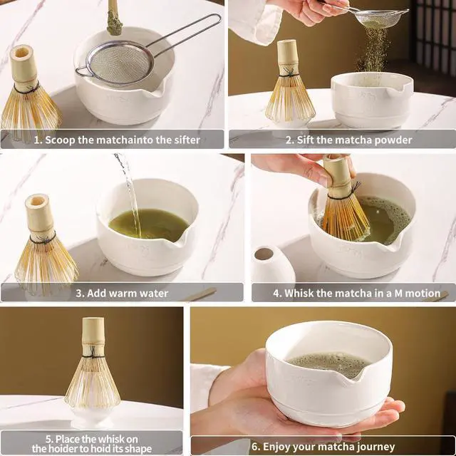 Alt view image 3 of 7 - Matcha Tea Set, 5-Piece Ceramic Matcha Bowl & Whisk Kit with Cute Cat Pattern, Traditional Japanese Chawan, Scoop & Sifter, Perfect for Tea Ceremony, Gift for & Tea Lovers (white)