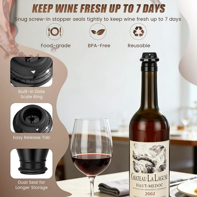 Alt view image 3 of 7 - Wine Stopper, Wine Saver Vacuum Pump with 4 Reusable Stoppers, Wine Bottle Preserver & Sealer Keeps Fresh Longer, Ergonomic Handle, ideal Gift