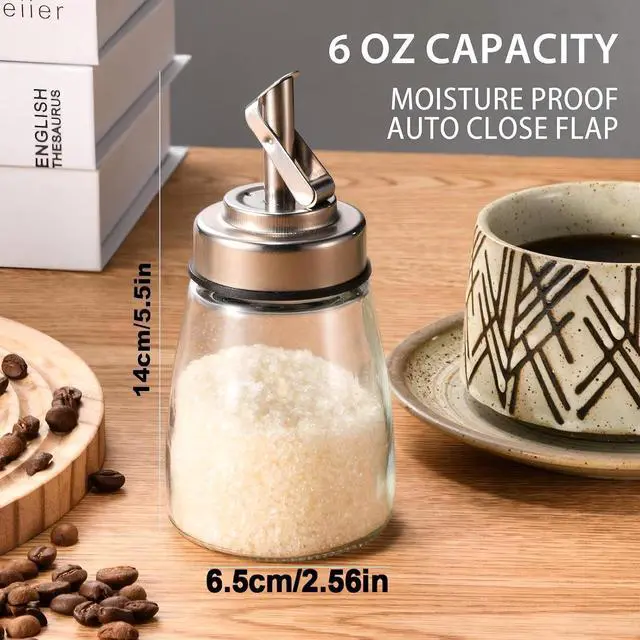 Alt view image 3 of 7 - Glass Sugar Jar, Sugar Container Sugar Dispenser with Pour Spout, 6oz Glass Jar with Stainless Steel Lid, Multi-Use Sugar Bowl Sugar Shaker Sugar Container for Coffee Bar