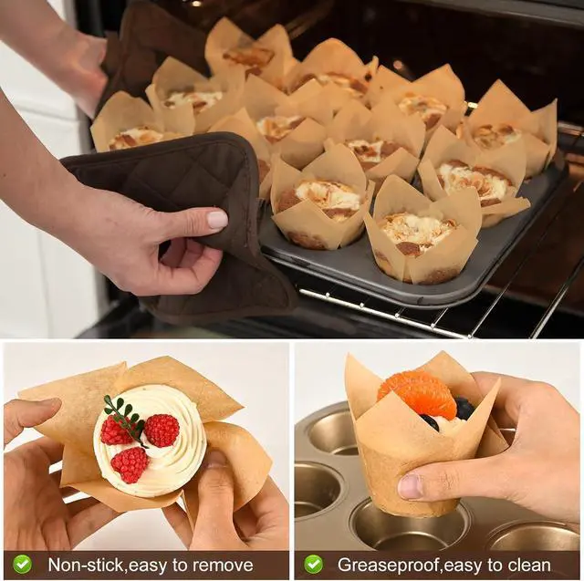 Alt view image 3 of 7 - Natural Tulip Cupcake Liners for Baking 200 Cups, Unbleached Parchment paper Muffin Liners, Upgraded Standard Cupcake Wrappers, Greaseproof Cup Cake Liner, Easy to Use in Party, Birthday, Christmas