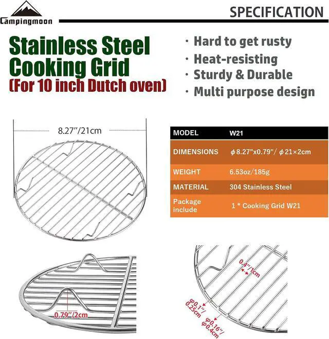 Alt view image 2 of 6 - CAMPINGMOON 8.27inch/21cm Round Stainless Steel Roasting Baking Steaming Cooling Rack Cooking Grid Grill Fits for 10-inch Dutch Oven W21