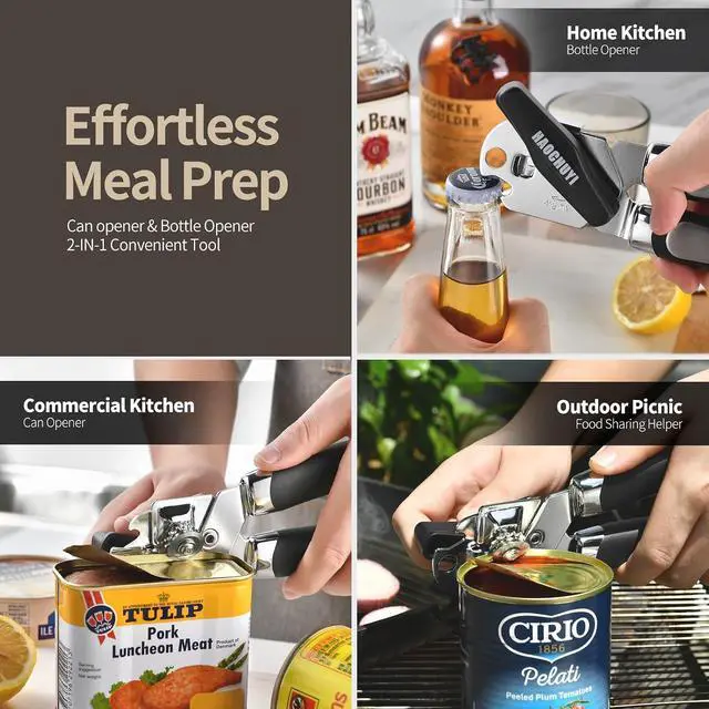 Alt view image 5 of 7 - Heavy Duty Stainless Steel Smooth Edge Manual Can Opener and Bottle Openers, Soft Ergonomic Handle, Oversized Handheld Easy Turn Knob, Multifunctional Kitchen Tool, Black