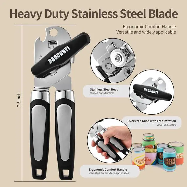Alt view image 2 of 7 - Heavy Duty Stainless Steel Smooth Edge Manual Can Opener and Bottle Openers, Soft Ergonomic Handle, Oversized Handheld Easy Turn Knob, Multifunctional Kitchen Tool, Black