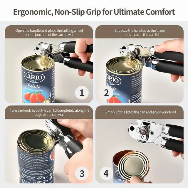 Alt view image 4 of 7 - Heavy Duty Stainless Steel Smooth Edge Manual Can Opener and Bottle Openers, Soft Ergonomic Handle, Oversized Handheld Easy Turn Knob, Multifunctional Kitchen Tool, Black