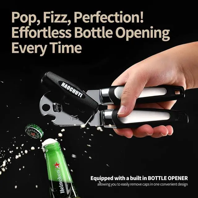 Alt view image 6 of 7 - Heavy Duty Stainless Steel Smooth Edge Manual Can Opener and Bottle Openers, Soft Ergonomic Handle, Oversized Handheld Easy Turn Knob, Multifunctional Kitchen Tool, Black