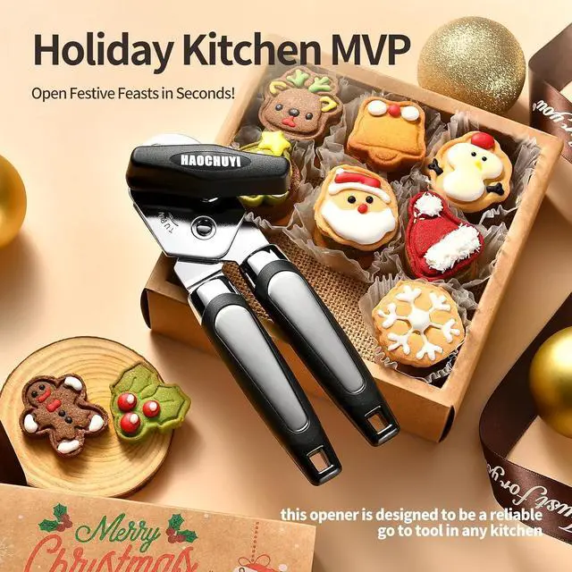 Alt view image 7 of 7 - Heavy Duty Stainless Steel Smooth Edge Manual Can Opener and Bottle Openers, Soft Ergonomic Handle, Oversized Handheld Easy Turn Knob, Multifunctional Kitchen Tool, Black