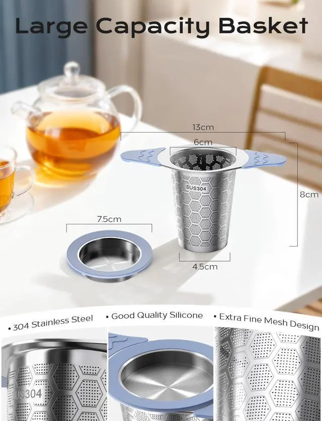 Alt view image 2 of 6 - Tea Infuser for Loose Leaf Tea,Stainless Steel Tea Infuser with Heat Proof Silicone Handles,Extra Fine Mesh Tea Strainers Filter Fine Tea Leaves Effectively,Fits TeaPots/Mugs