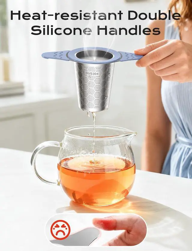 Alt view image 4 of 6 - Tea Infuser for Loose Leaf Tea,Stainless Steel Tea Infuser with Heat Proof Silicone Handles,Extra Fine Mesh Tea Strainers Filter Fine Tea Leaves Effectively,Fits TeaPots/Mugs