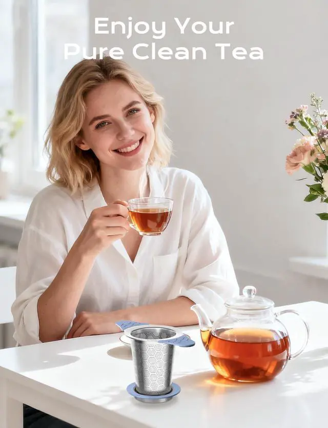 Alt view image 6 of 6 - Tea Infuser for Loose Leaf Tea,Stainless Steel Tea Infuser with Heat Proof Silicone Handles,Extra Fine Mesh Tea Strainers Filter Fine Tea Leaves Effectively,Fits TeaPots/Mugs