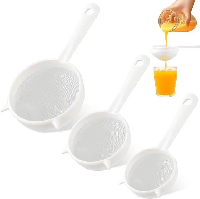 Main image of 3 Pcs Plastic Mesh Strainer Set Colander with Handle - 3 Sizes Double Ear Food Mesh Strainer with Handle - Flour Sifter Colander - Kitchen Strainer for Baking, Tea, Juice, Pasta