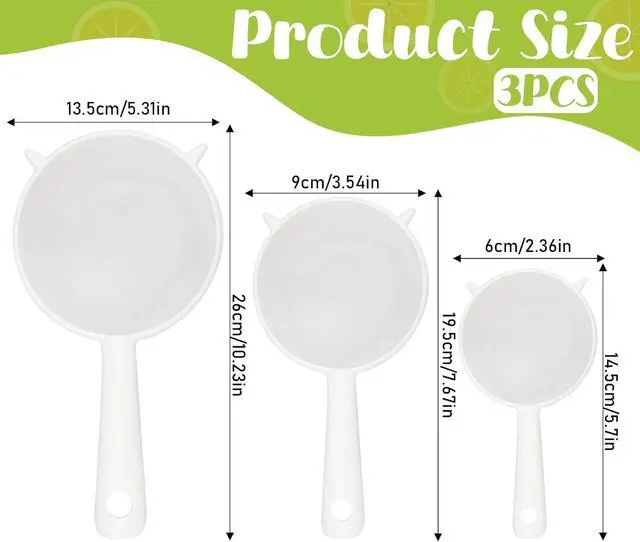 Alt view image 2 of 7 - 3 Pcs Plastic Mesh Strainer Set Colander with Handle - 3 Sizes Double Ear Food Mesh Strainer with Handle - Flour Sifter Colander - Kitchen Strainer for Baking, Tea, Juice, Pasta