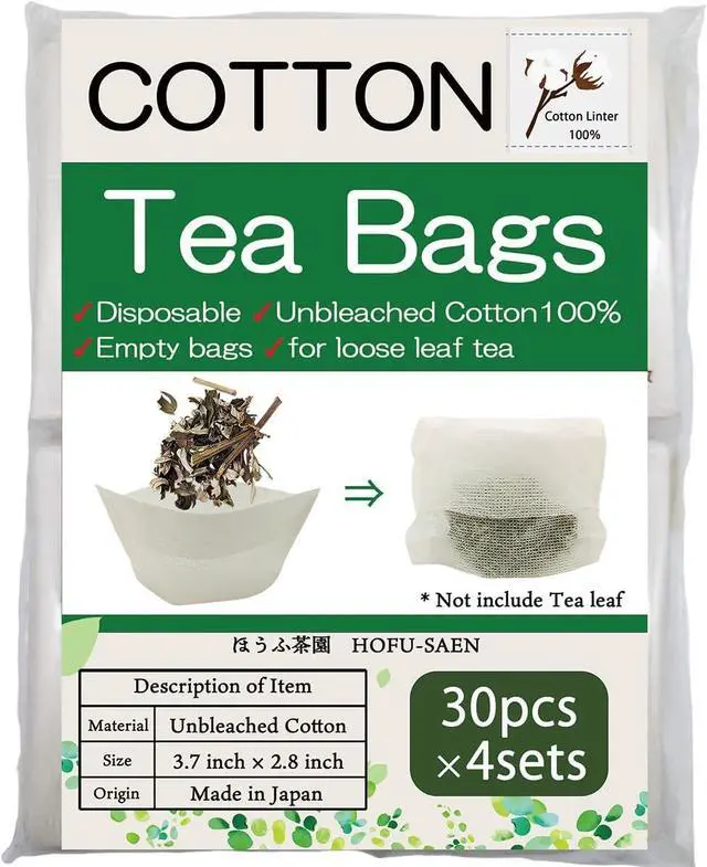 Main image of Tea bags for loose leaf tea Cotton100% Empty Disposable Unbleached Strainer Filter Bags ECO 30pcs x 4sets (3.7 x 2.8Inch)