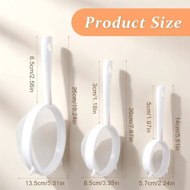 Alt view image 2 of 7 - 3 PCS Plastic Fine Mesh Strainer Set with Handle, Nylon Sieve Fine Food Mesh Colander with Double Ear for Yogurt Baking Kitchen Tea Juice Coffee Honey Milk Pasta
