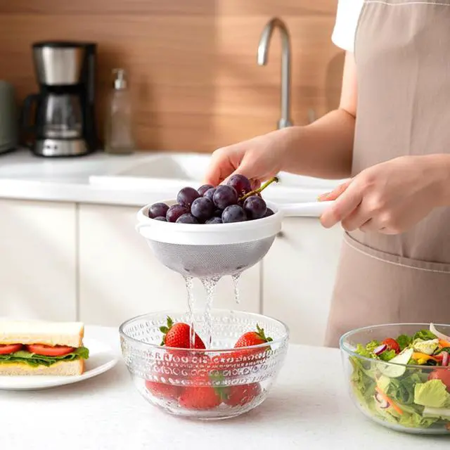 Alt view image 4 of 7 - 3 PCS Plastic Fine Mesh Strainer Set with Handle, Nylon Sieve Fine Food Mesh Colander with Double Ear for Yogurt Baking Kitchen Tea Juice Coffee Honey Milk Pasta