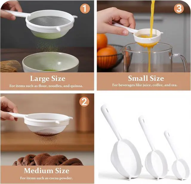 Alt view image 6 of 7 - 3 PCS Plastic Fine Mesh Strainer Set with Handle, Nylon Sieve Fine Food Mesh Colander with Double Ear for Yogurt Baking Kitchen Tea Juice Coffee Honey Milk Pasta