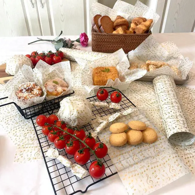 Alt view image 4 of 7 - 150 Gold and White Music Note Patterned Wax Paper, Food Picnic Greaseproof Paper, Waterproof Dry Hamburger Liners Wrapping Tissue for Plastic Food Basket