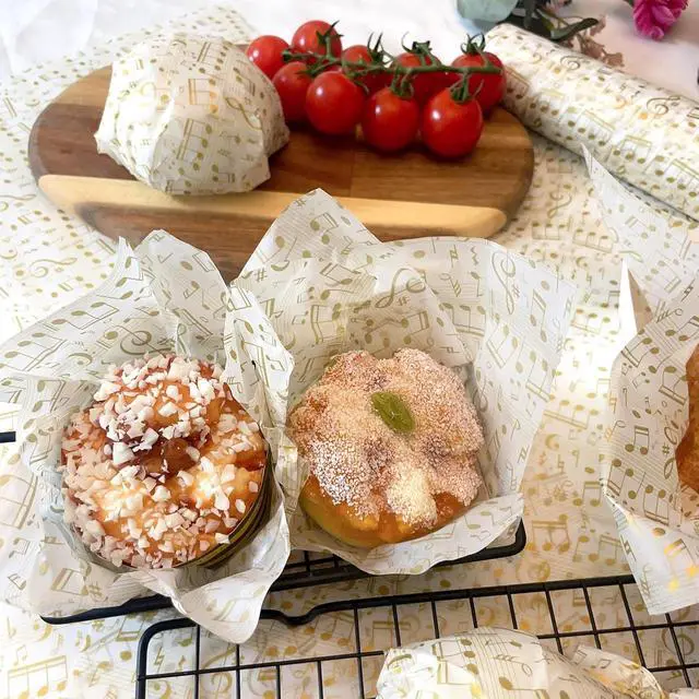 Alt view image 5 of 7 - 150 Gold and White Music Note Patterned Wax Paper, Food Picnic Greaseproof Paper, Waterproof Dry Hamburger Liners Wrapping Tissue for Plastic Food Basket